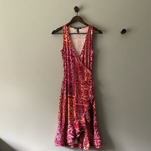 RALPH LAUREN JERSEY COTTON SLEEVELESS WRAP DRESS MULTI-COLORED PATCHWORK XS